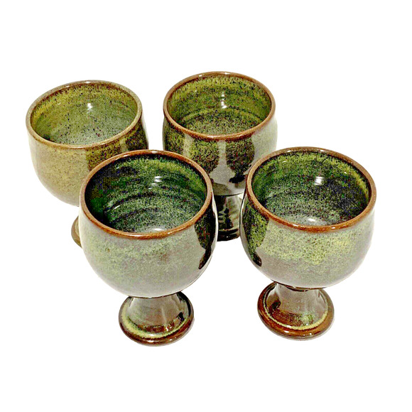 Vintage Jugtown Pottery Glazed Goblets Wine Glasses Green Brown Artisan Handmade - Picture 4 of 12